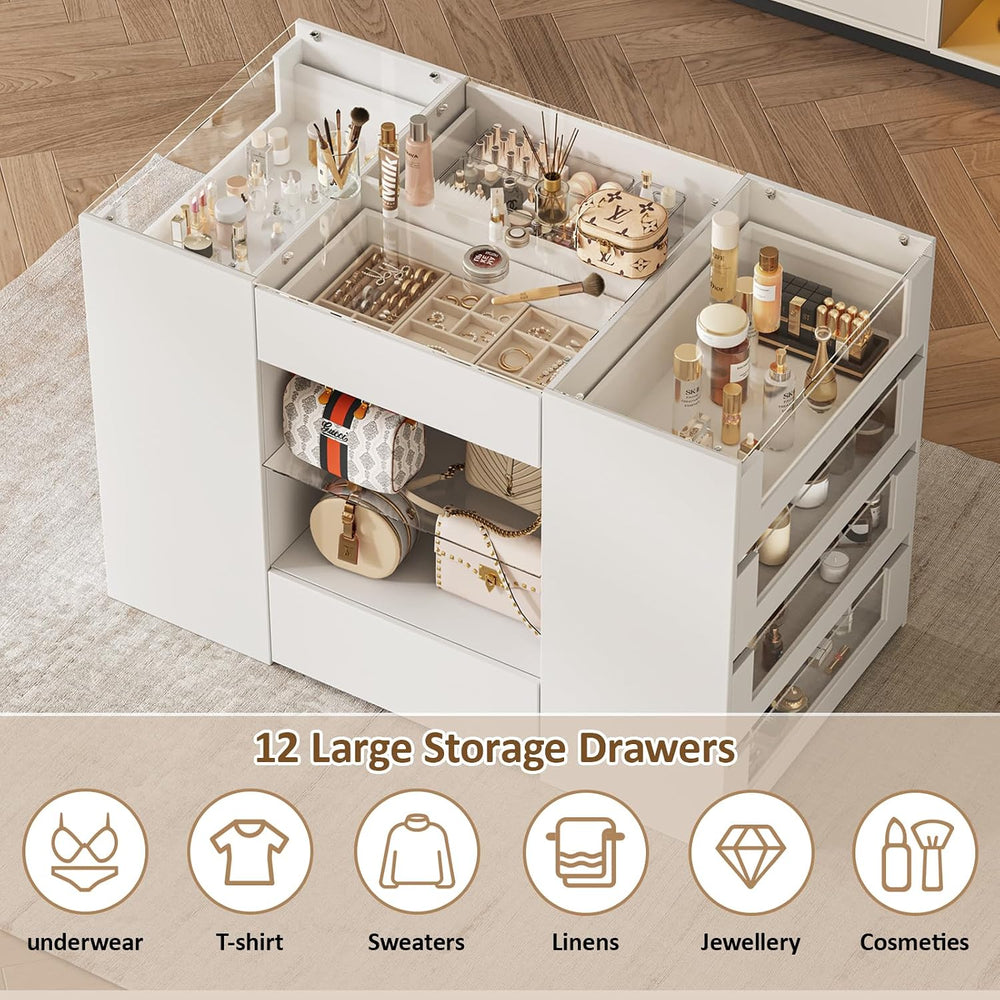 LIVAUVEAD Closet Island with 12 Drawers, Glass Top & Display Shelves, Whi...