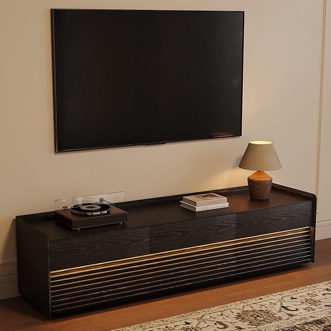 POVISON Fully-Assembled Mid Century Modern TV Stand, 70.87" Entertainment Center with LED Light, Black Walnut Solid Wood TV Console for Living Room, TV Stand with Storage