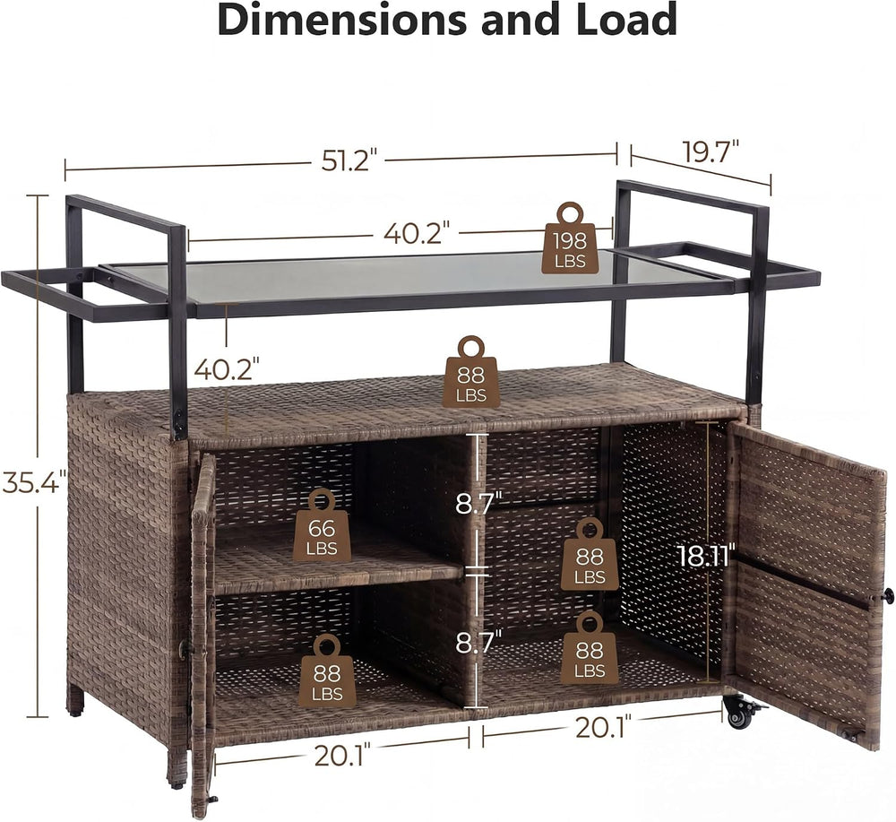 51.2" Wicker Outdoor Bar Cart - Brown Patio Console Storage Table Buffet...