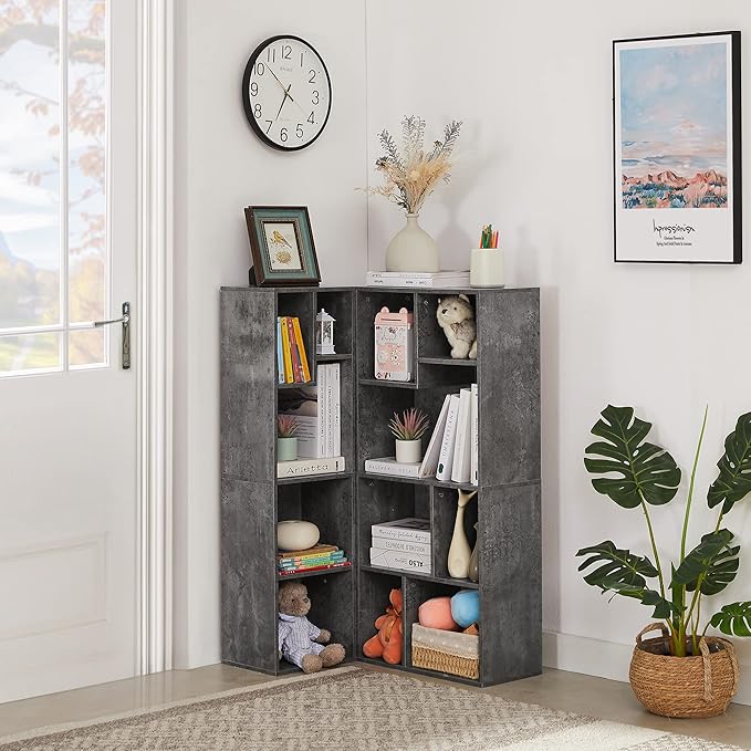 VECELO 4-Tier Bookcase, Modern Storage Cabinet with Height Difference Shelves for Standard Textbooks, 5 Cubes, Vertical or Horizontal, Easy Assembly, Grey