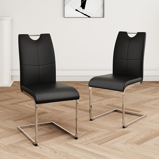 Goujxcy Dining Chairs Set of 2, Modern High Back Kitchen Chairs with Metal Legs and Faux Leather Padded Seat Upholstered Dining Chairs for Dining & Kitchen,Living Room (Black&Silver, Set of 2)
