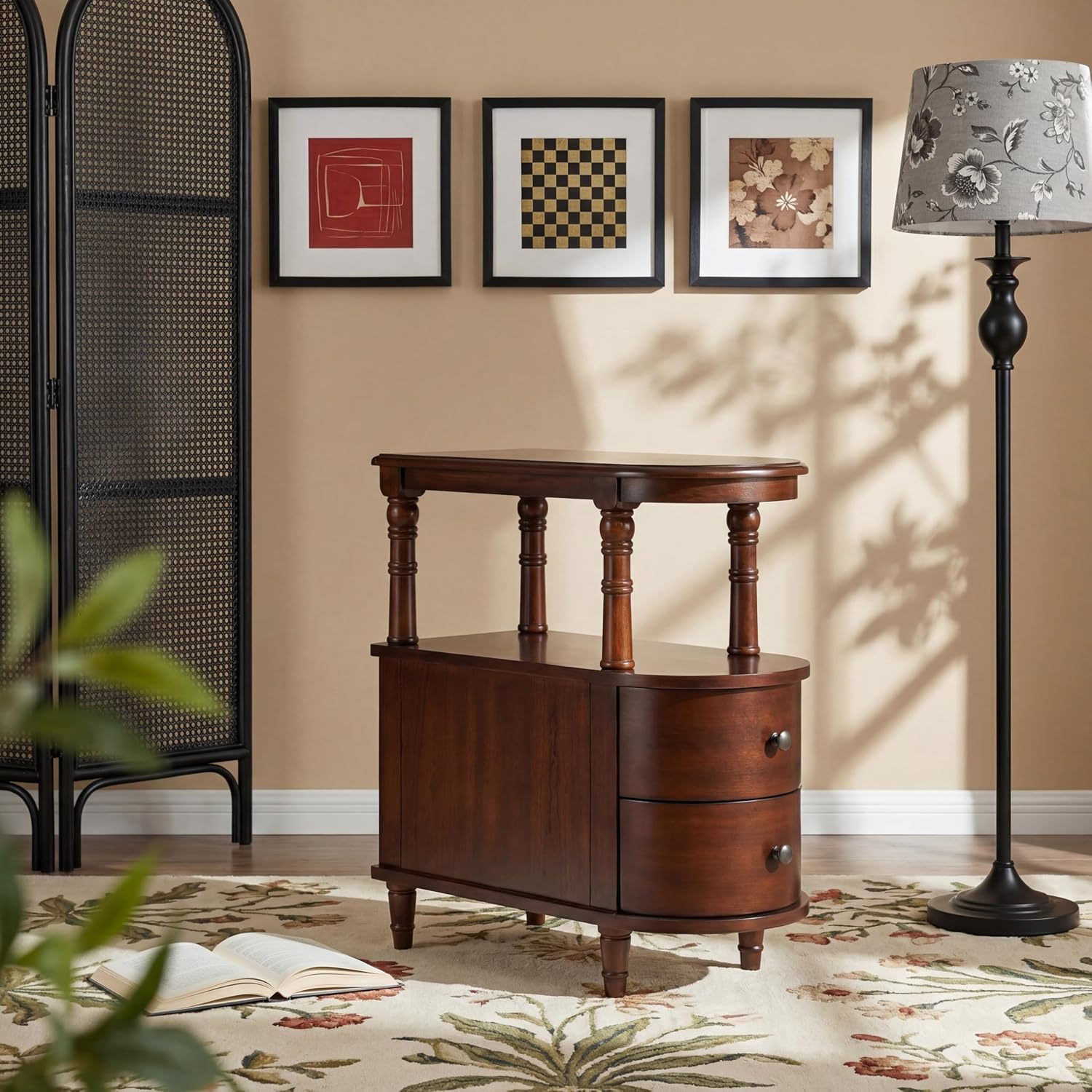 Wood End Table with 2 Drawers and Storage Shelf, Narrow Sofa Side Table for Living Room, Vintage Slim Nightstand Bedside Table for Bedroom, Slim Chair Side Table Cherry Walnut BG-A508-CY