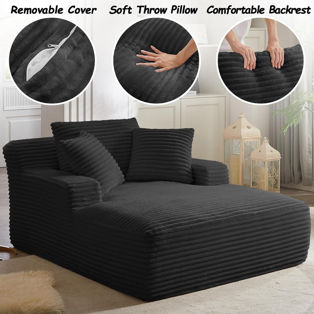 67 Inch Boneless Couch, Oversized Chaise Lounge Sofa, Corduroy Chaise Lounge Chair Indoor with Comfy Pillows for Living Room Bedroom, Foam Filling, No Assembly (Black)