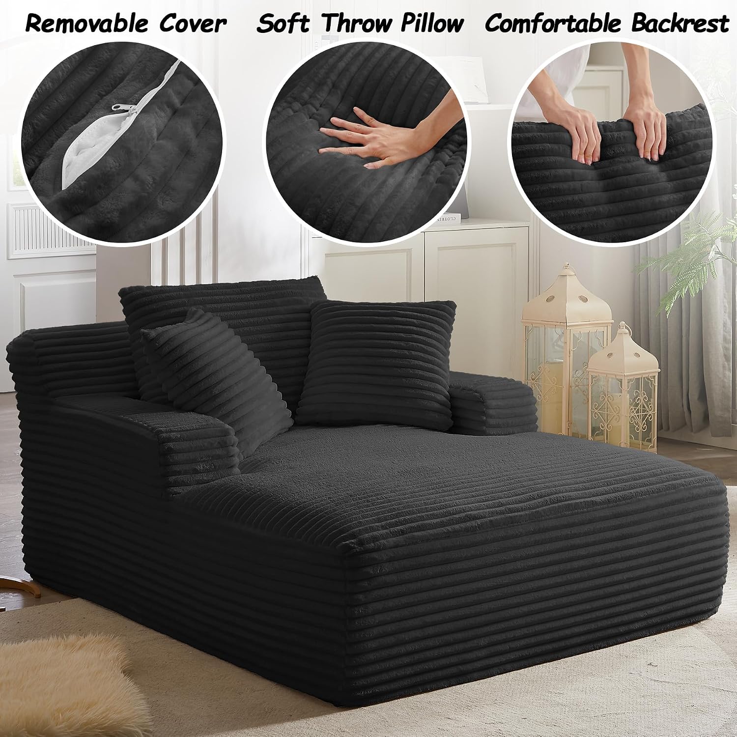 67 Inch Boneless Couch, Oversized Chaise Lounge Sofa, Corduroy Chaise Lounge Chair Indoor with Comfy Pillows for Living Room Bedroom, Foam Filling, No Assembly (Black)