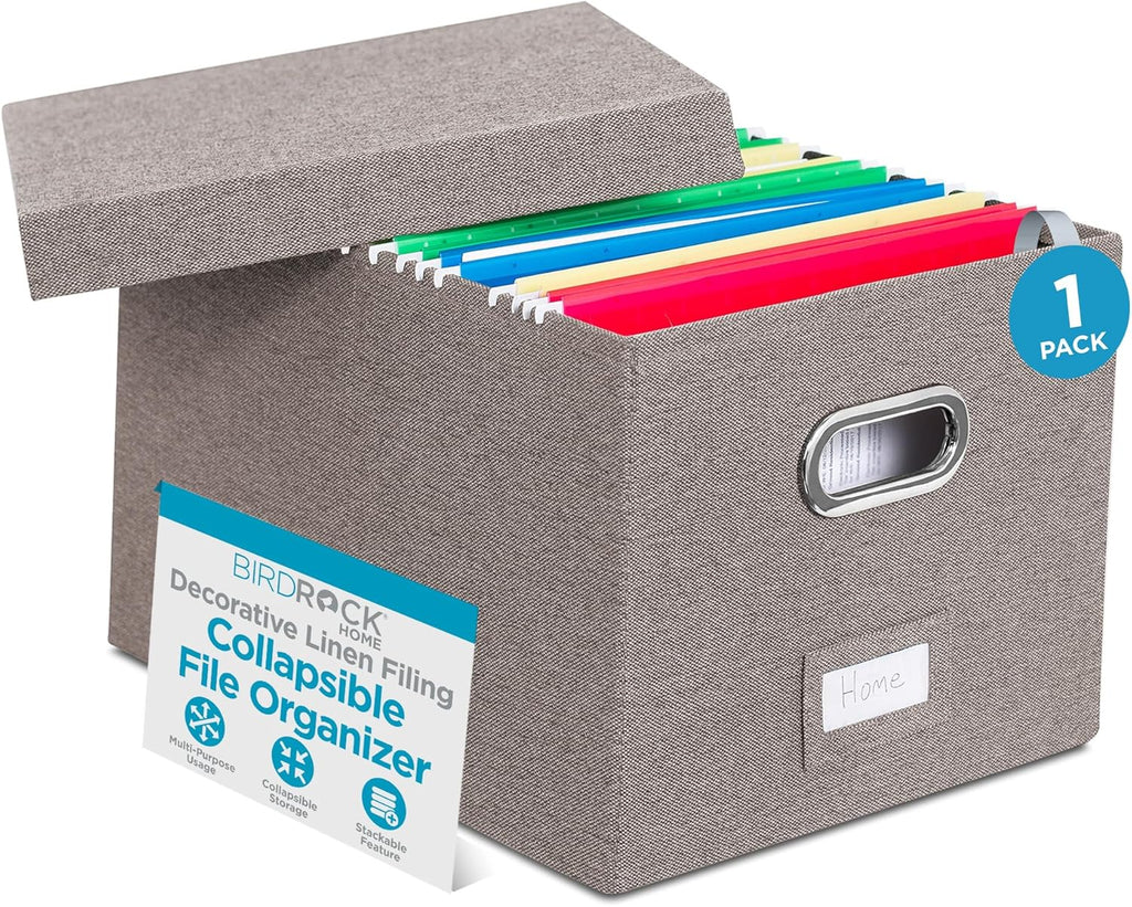 Internet's Best Collapsible File Box Storage Organizer with Lid - Decorative Linen Filing & Storage Office Boxes – Hanging Letter/Legal Folder – Home Office Bins Cabinet – Grey Container - 1 Pack