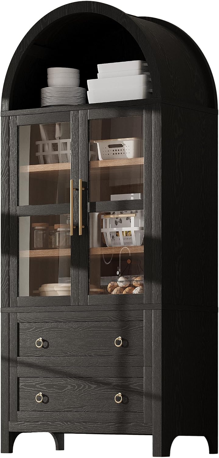 Modern Tall Arched Kitchen Pantry Cabinet with 2 Drawers, Wood Storage Cabine...