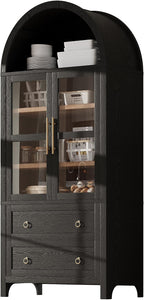 Modern Tall Arched Kitchen Pantry Cabinet with 2 Drawers, Wood Storage Cabinet Cupboard with Adjustable Shelves and Glass Door for Kitchens, Dining Room (Black)