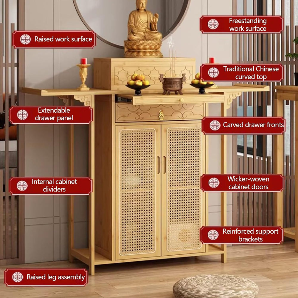 Chinese Shrine Altar Table with Storage, Bamboo Buddha Buddhist Altar Cabinet...