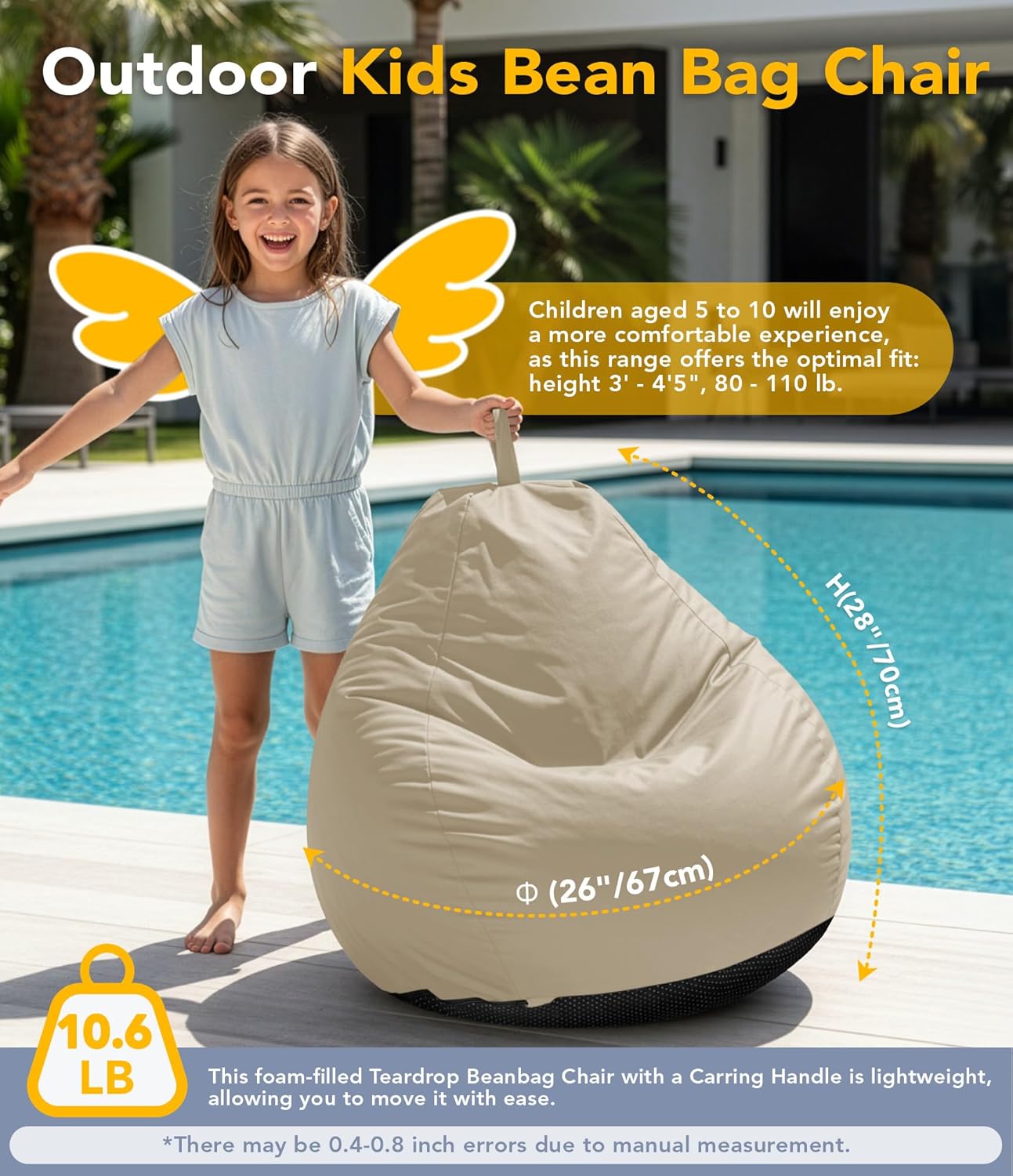 Outdoor Kids Bean Bag Chair with Shredded Foam Filling, Beige | For Patio Classroom Relaxing, Splash-Proof Detachable Zipper Cover with a Handle, Small Child Beanbag Reading Sofa Chair