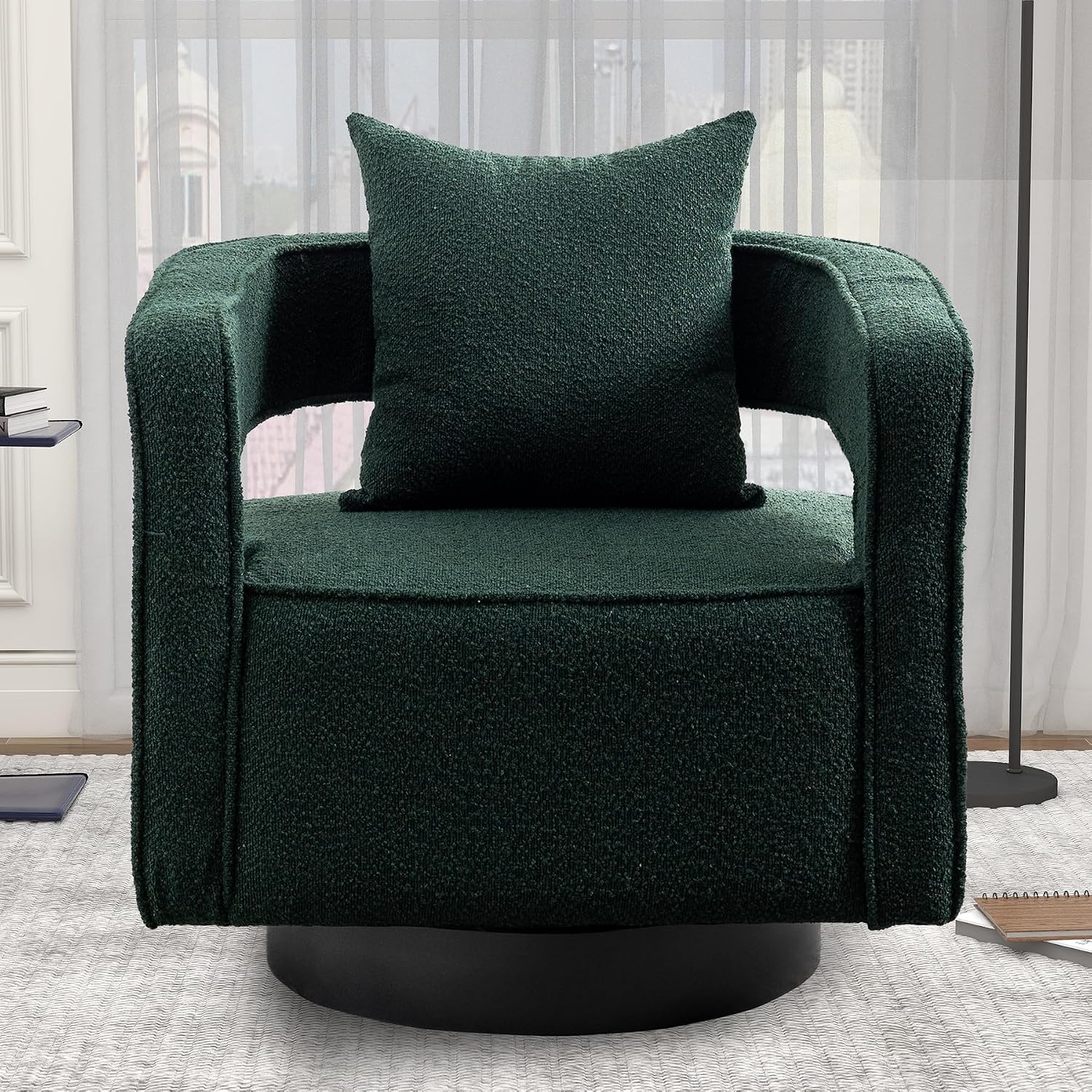 Swivel Accent Chair Set of 2, Modern Swivel Barrel Chair for Living Room, 360 Degree Comfy Square Accent Chair with Open Back, Upholstered Armchair for Bedroom,Reading, Boucle, Dark Green
