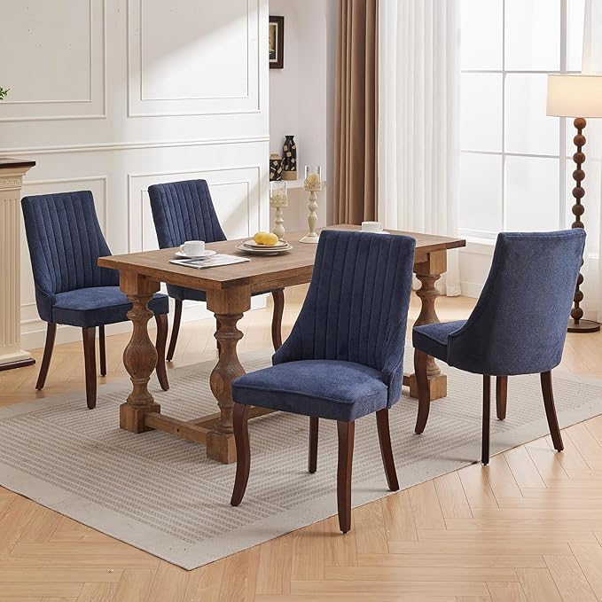 Navy Mid Century Dining Chairs Set of 4, Modern Kitchen & Dining Room Chairs Set of 4, Linen Upholstered Kitchen Chair, Sillas de Comedor, Wood Legs (Blue, 4 Pcs)