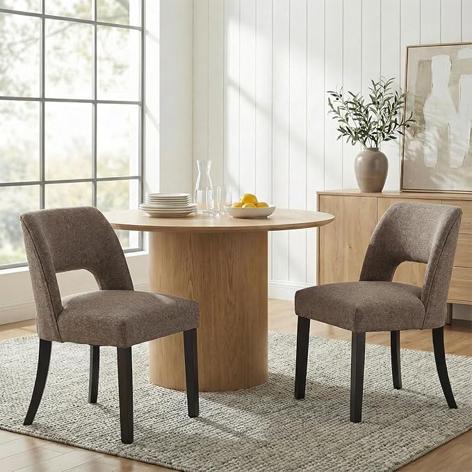 keoni Wooden Dining Chairs Set of 4, Mid Century Modern Upholstered Dining Room Chairs with Black Wood Legs, Fabric Farmhouse Kitchen Chairs with Foot Pegs for Dining Room, Brown