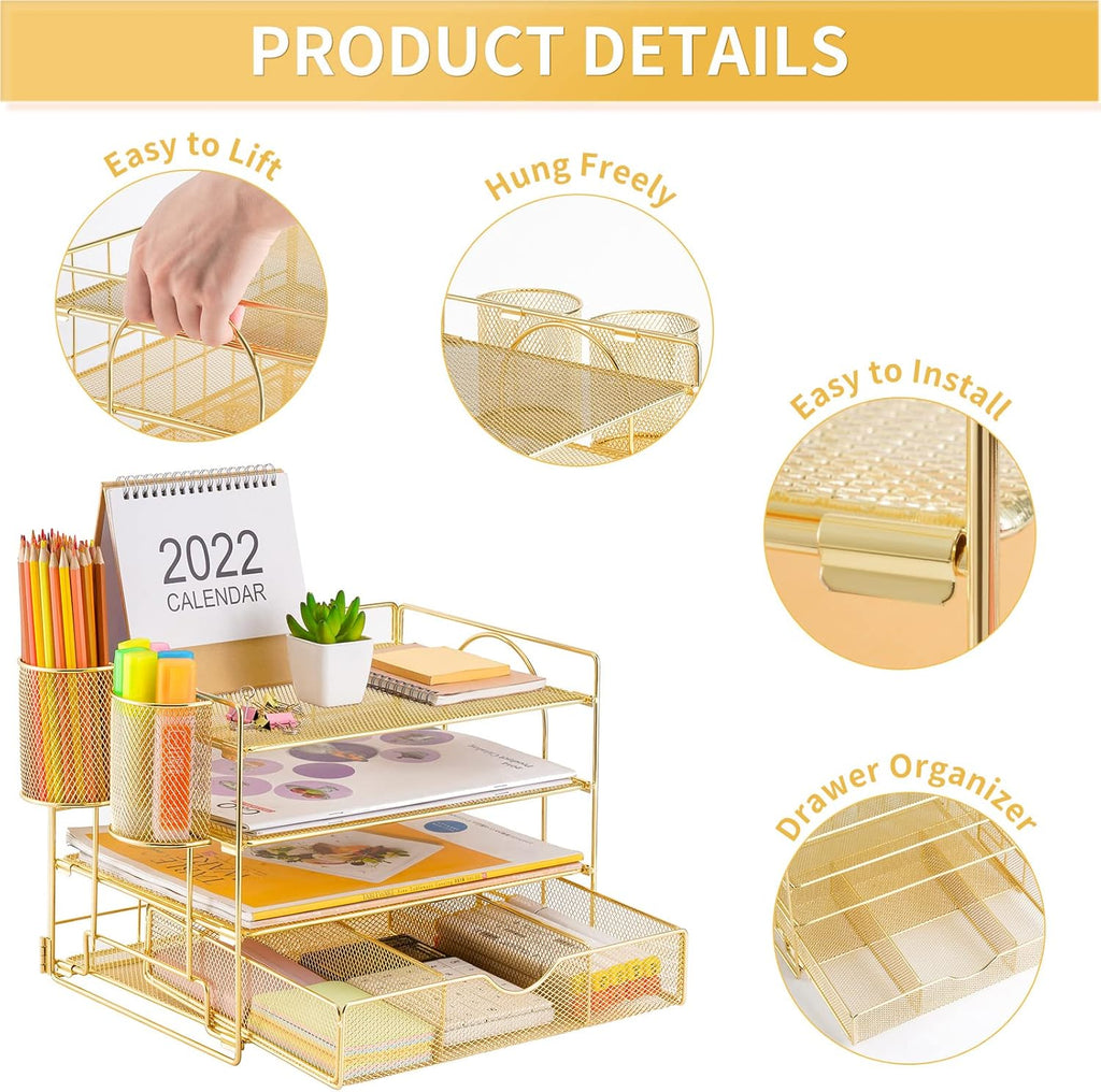Lavatino Paper Letter Tray Organizer with File Holder, 4-Tier Desk Accessories & Workspace Desk Organizers with Drawer and 2 Pen Holder for Office Supplies (Gold)