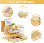 Lavatino Paper Letter Tray Organizer with File Holder, 4-Tier Desk Accessories & Workspace Desk Organizers with Drawer and 2 Pen Holder for Office Supplies (Gold)