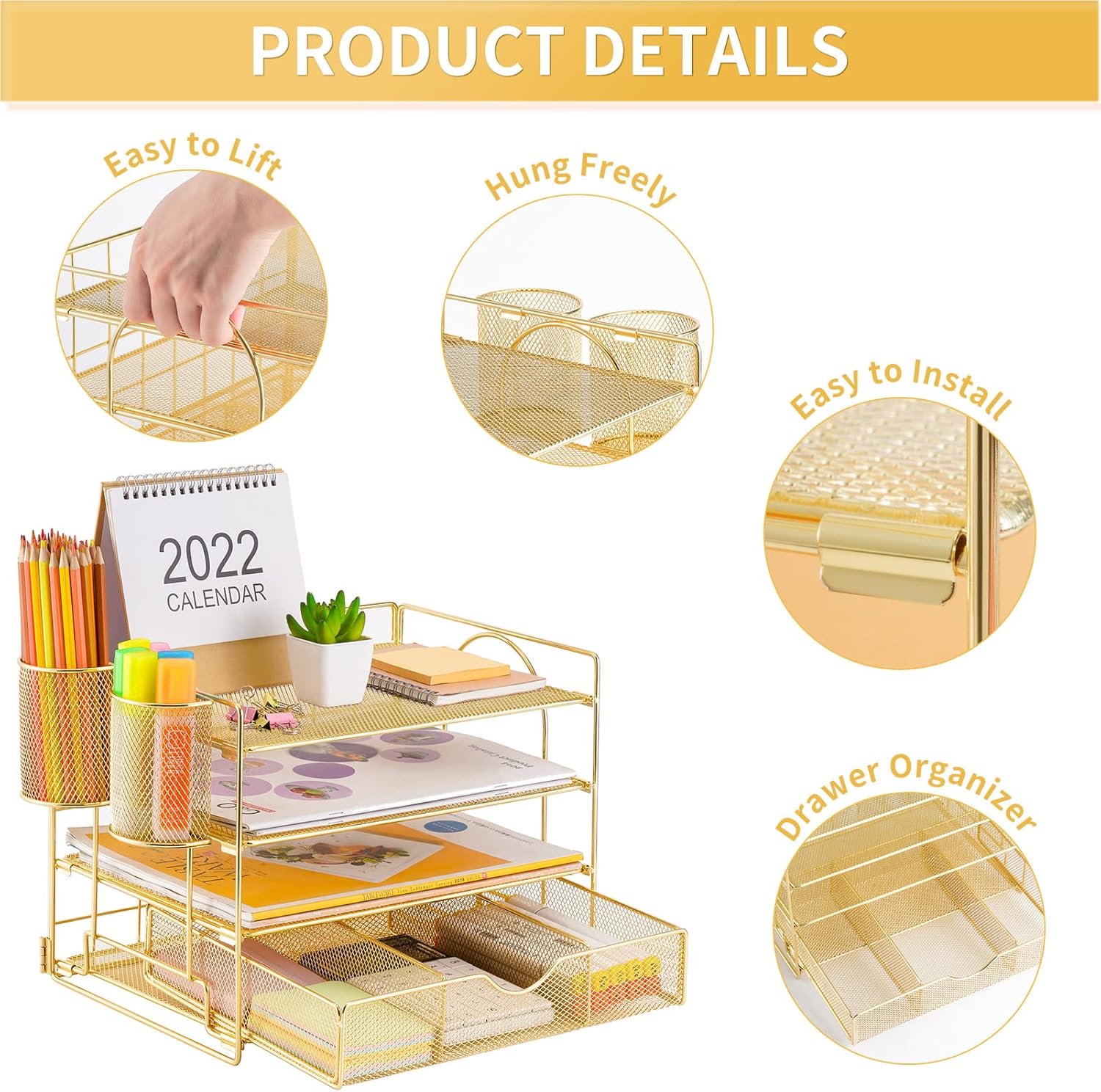 Lavatino Paper Letter Tray Organizer with File Holder, 4-Tier Desk Accessories & Workspace Desk Organizers with Drawer and 2 Pen Holder for Office Supplies (Gold)