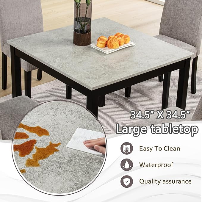 KEIKI 5-Piece Standard Height Dining Table Set with Square Table and 4 Upholstered Curved Backrset Chair, for 4 Person, Modern Wooden Table Set, Easy Assembly, for Kitchen, Dining Room, Black+Grey
