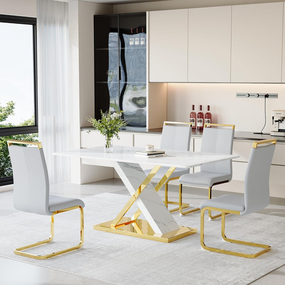YUNDREAM Modern Marble Dining Table Set for 4,White Gold 63'' Dining ...