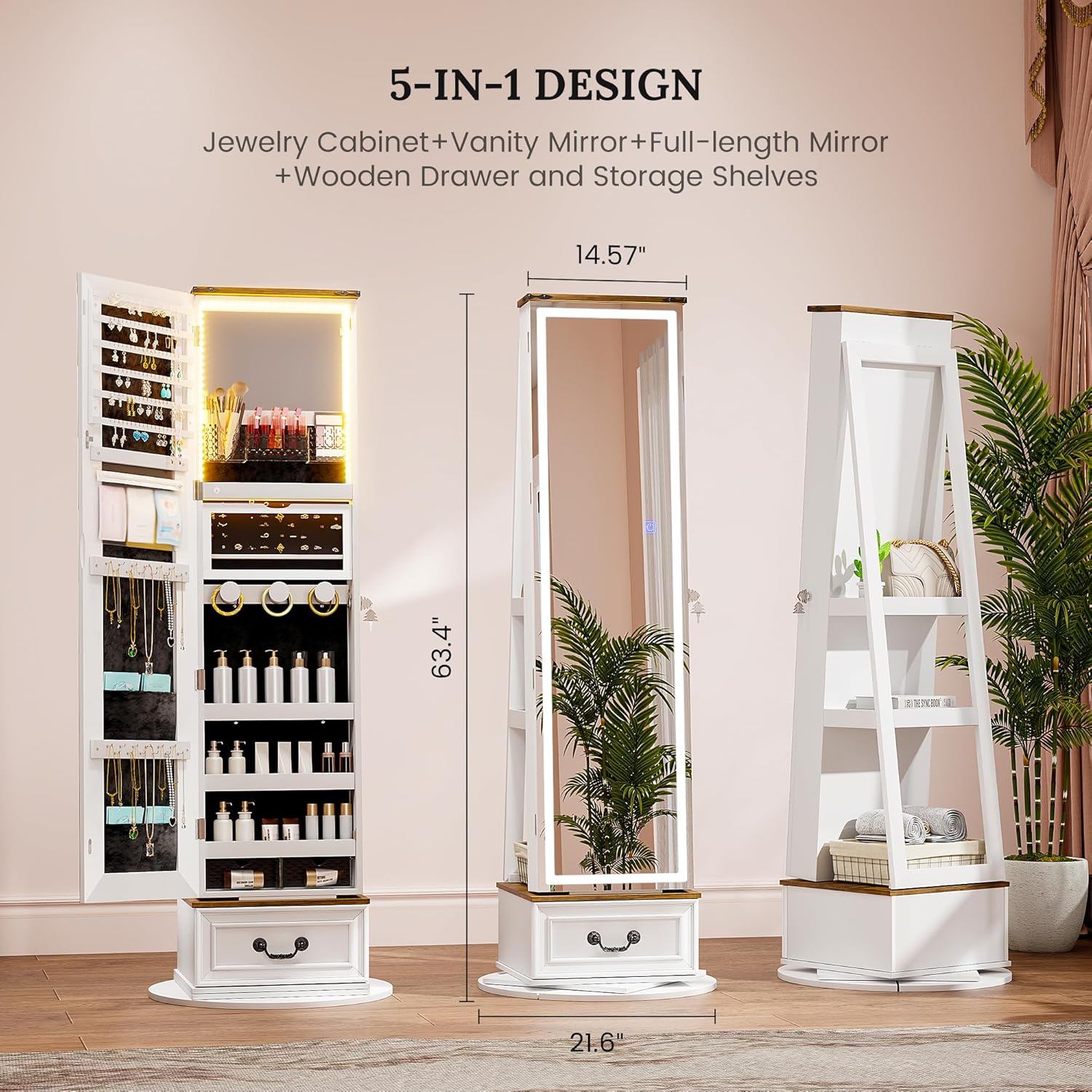 LVSOMT LED Mirror Jewelry Cabinet Standing, 360°Swivel Jewelry Armoire with Full Length Mirror, Mirror with Jewelry Storage and Large Wooden Drawer for Christmas Gifts (Farmhouse White)
