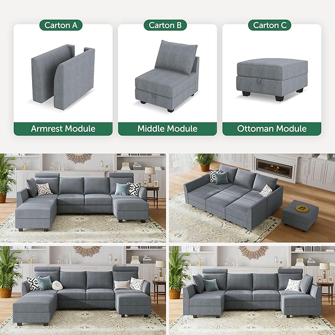 HONBAY Modular Sectional Sleeper Sofa with Storage, Convertible Modular Sectional Sofa with Reversible Chaise Sectional Couch for Living Room, Bluish Grey