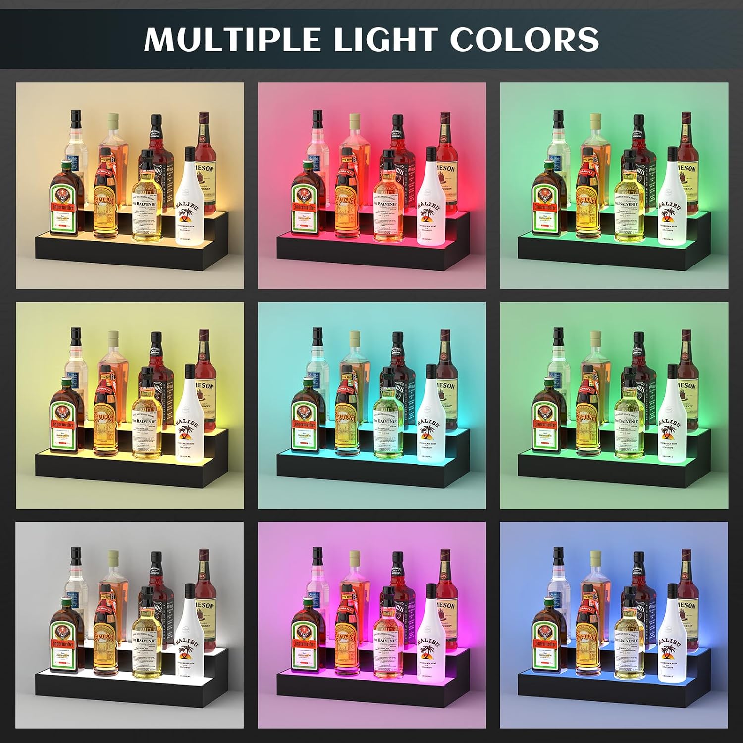 upcessory LED Lighted Liquor Bottle Display Shelf 2 Tier 16 Inch | Alcohol Whiskey Wood Rack Stand Tray for Home Bar Living Room Accessories and Decor, Bourbon Shelf for 8 Bottles