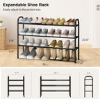 STO STO Expandable Shoe Rack, 3-Tier Metal Small Shoe Rack for Closet, Up to 16 Pairs Adjustable Shoe Racks Storage for Front Door Entrance, Free Standing Shoe Rack Organizer for Entryway, Black