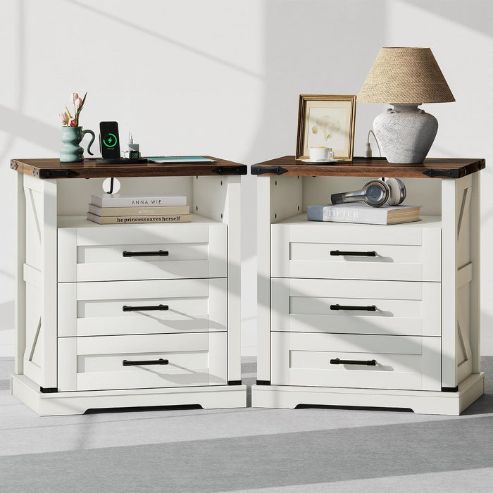 Baoz White Farmhouse Nightstand Set of 2 with Charging Station & 3 Drawers