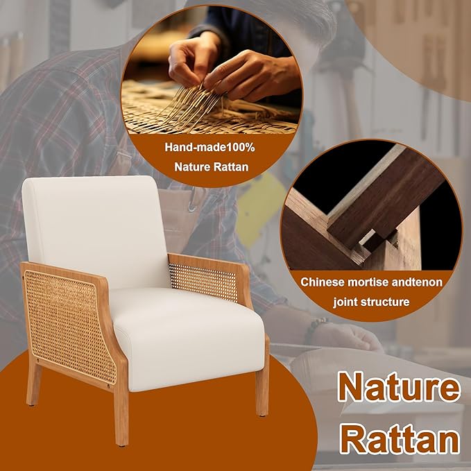 WENTMENT Modern Accent Chair, Armchair with Natural Rattan Armrest, Upholstered Living Room Chair Comfy Single Sofa Chair for Hosting Room/Bedroom,Beige