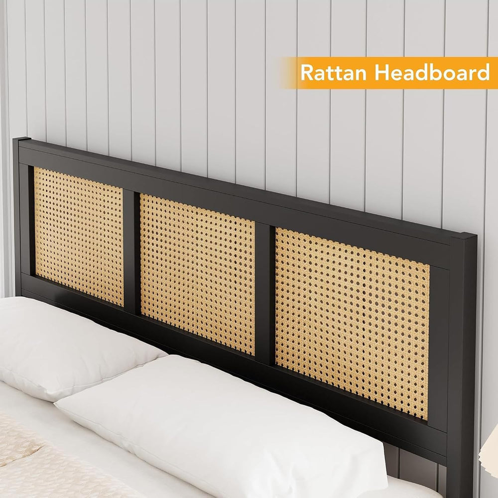 GarveeHome Rattan Full Size Bed Frame with Headboard, Black