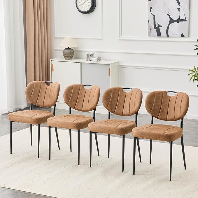 Modern Dining Chairs Set of 4, Brown Dining Chairs for Dining Room and Kitchen,Brown Suede Fabric,Dinning Chair, Precision Stitching, Top Handle, 3.54" Thick Cushion Seat, Metal Legs