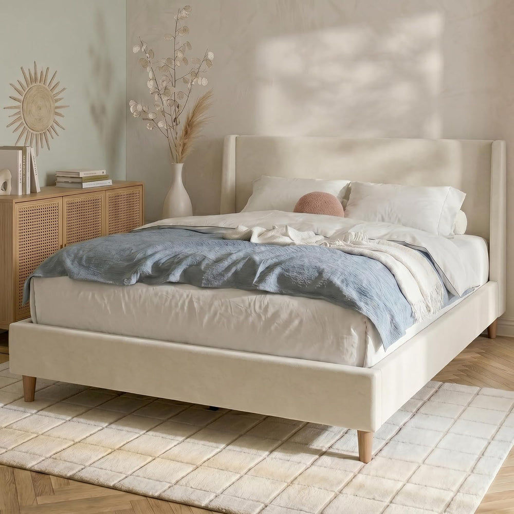 Merax King Size Velvet Bed Frame with Wingback Headboard, Upholstered Platfor...