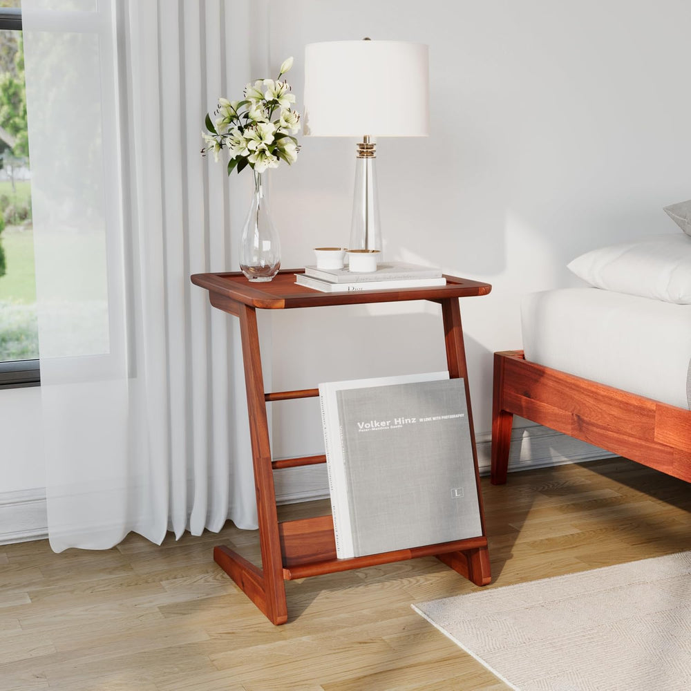 C-Shaped End Table for Couch, Acacia Wood Sofa Side Table & Nightstand wi...