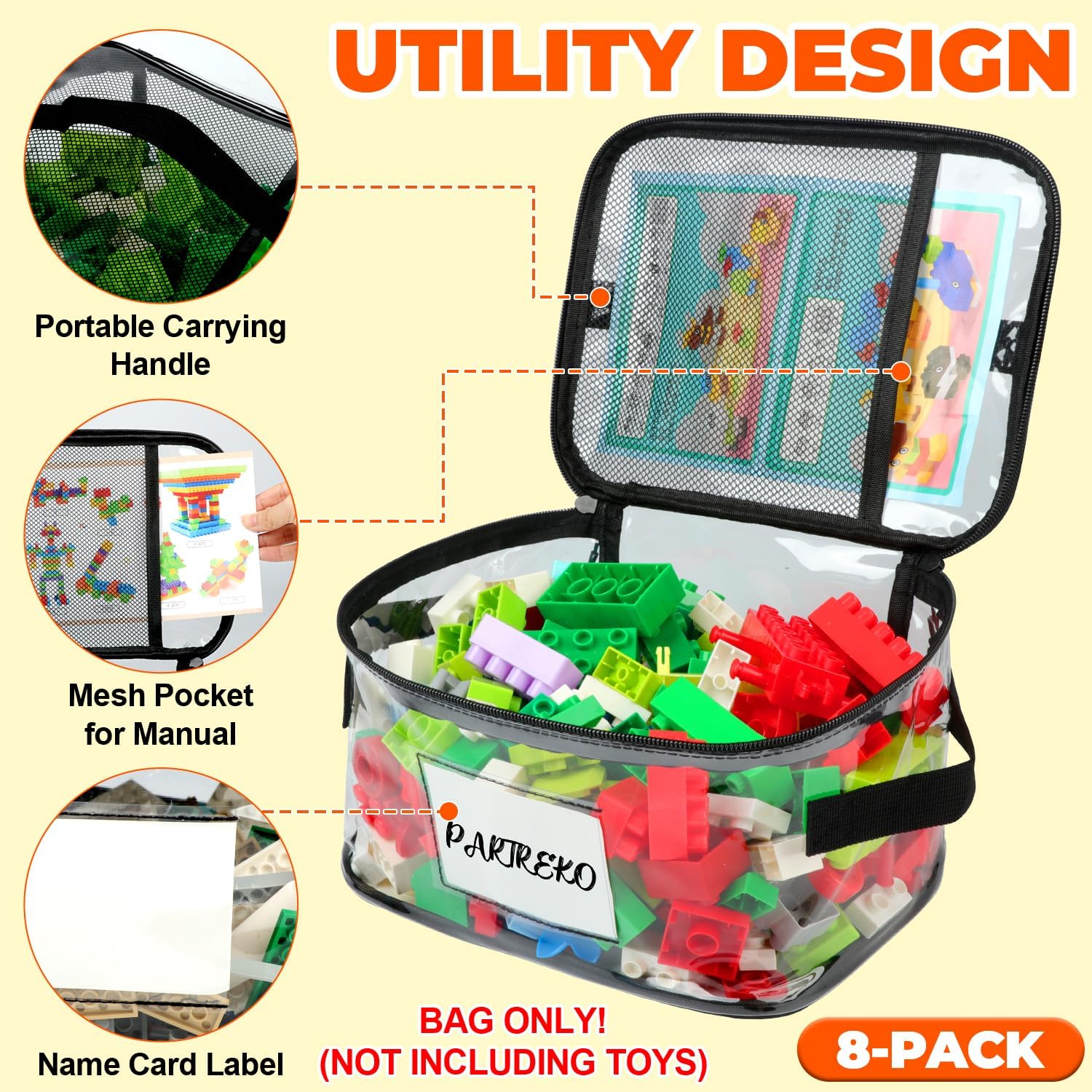 8 Pack Clear Toy Storage Bag with Name Tag& Manual Pocket, Wide-open Transparent PVC Toy Organizer Case with Portable Handle for Lego Bricks, Building Blocks, Board Games& Puzzles (Black)