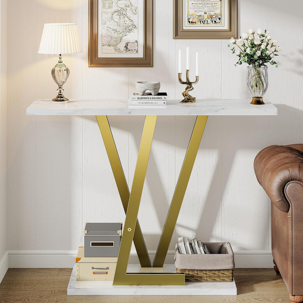 43.3" Gold Console Table, Modern Entryway Table with White Faux Marble T...