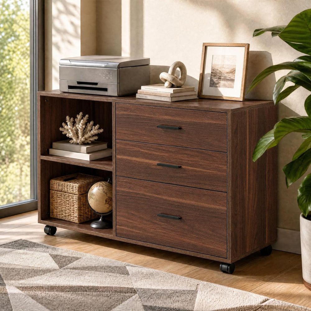 Tribesigns 39 in. Wooden Filing Cabinet with Open Storage Shelves and 3 Drawe...