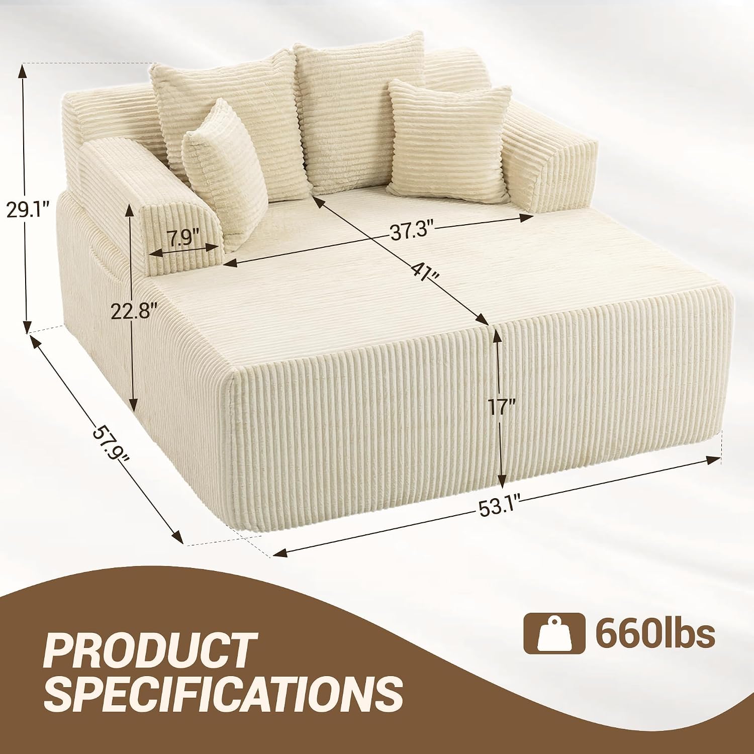 58" Oversized Boneless Chaise Chair, Beige | Corduroy Lounge Chair Indoor Sleeper Sofa Bed with Arms and 4 Pillows No Assembly for Bedroom Living Room