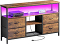Huuger 47 Inch TV Stand Dresser with Power Outlets and LED Lights, Fabric Dresser for Bedroom, 4 Drawers Entertainment Center with Open Shelf, Media Console for 55 50 Inch TV, Rustic Brown