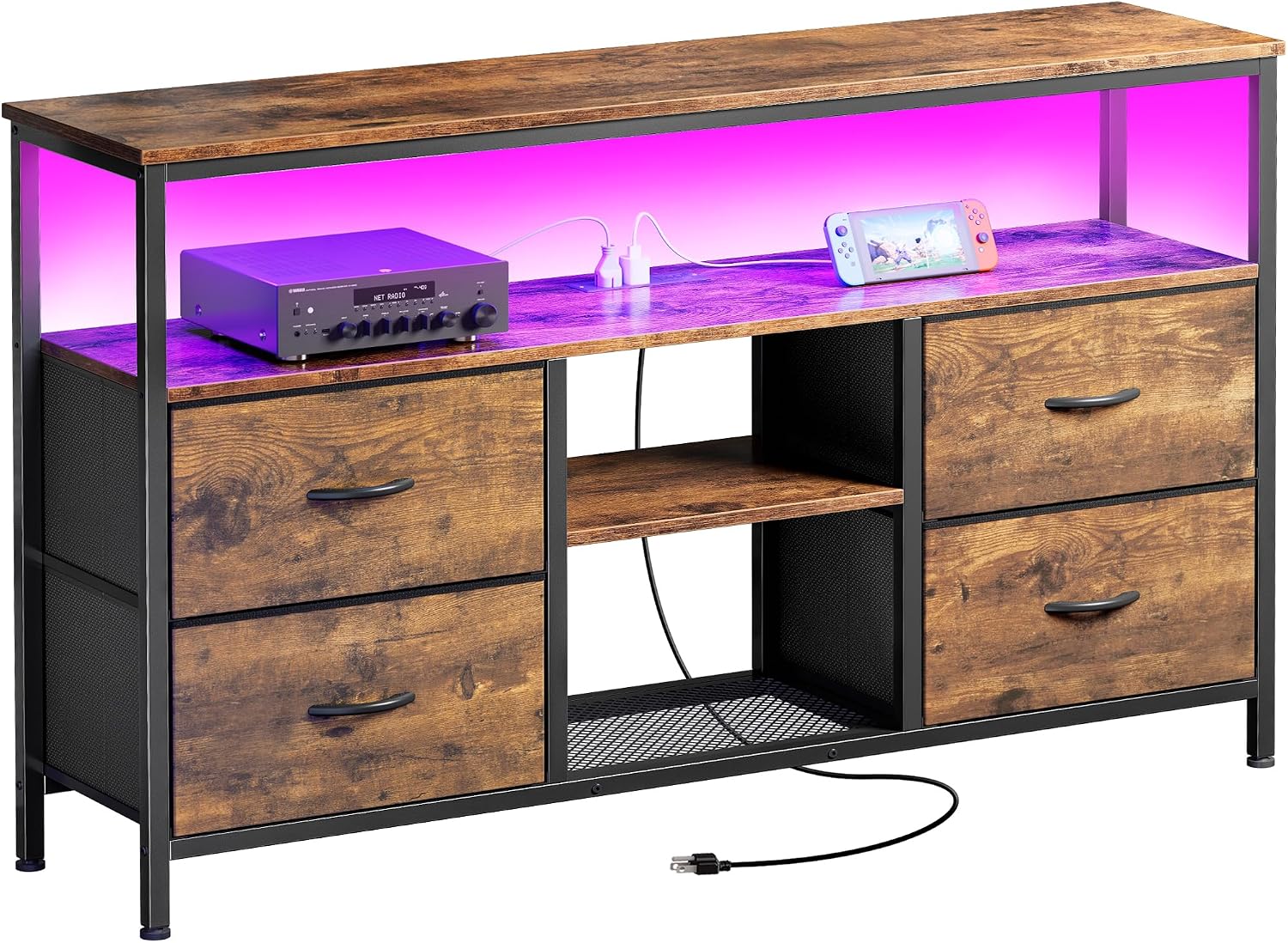 Huuger 47 Inch TV Stand Dresser with Power Outlets and LED Lights, Fabric Dresser for Bedroom, 4 Drawers Entertainment Center with Open Shelf, Media Console for 55 50 Inch TV, Rustic Brown
