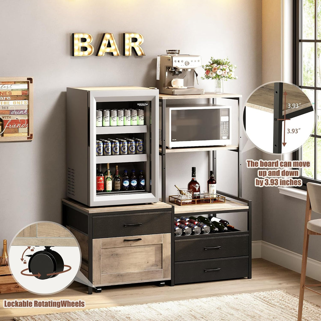 Herture Mini Fridge Stand with Wine Rack & Outlet, Kitchen Bakers Rack | Microwave Oven Stand, Coffee Bar, Movable Drawers, for Dorm,Office, Grey HB04BXZ