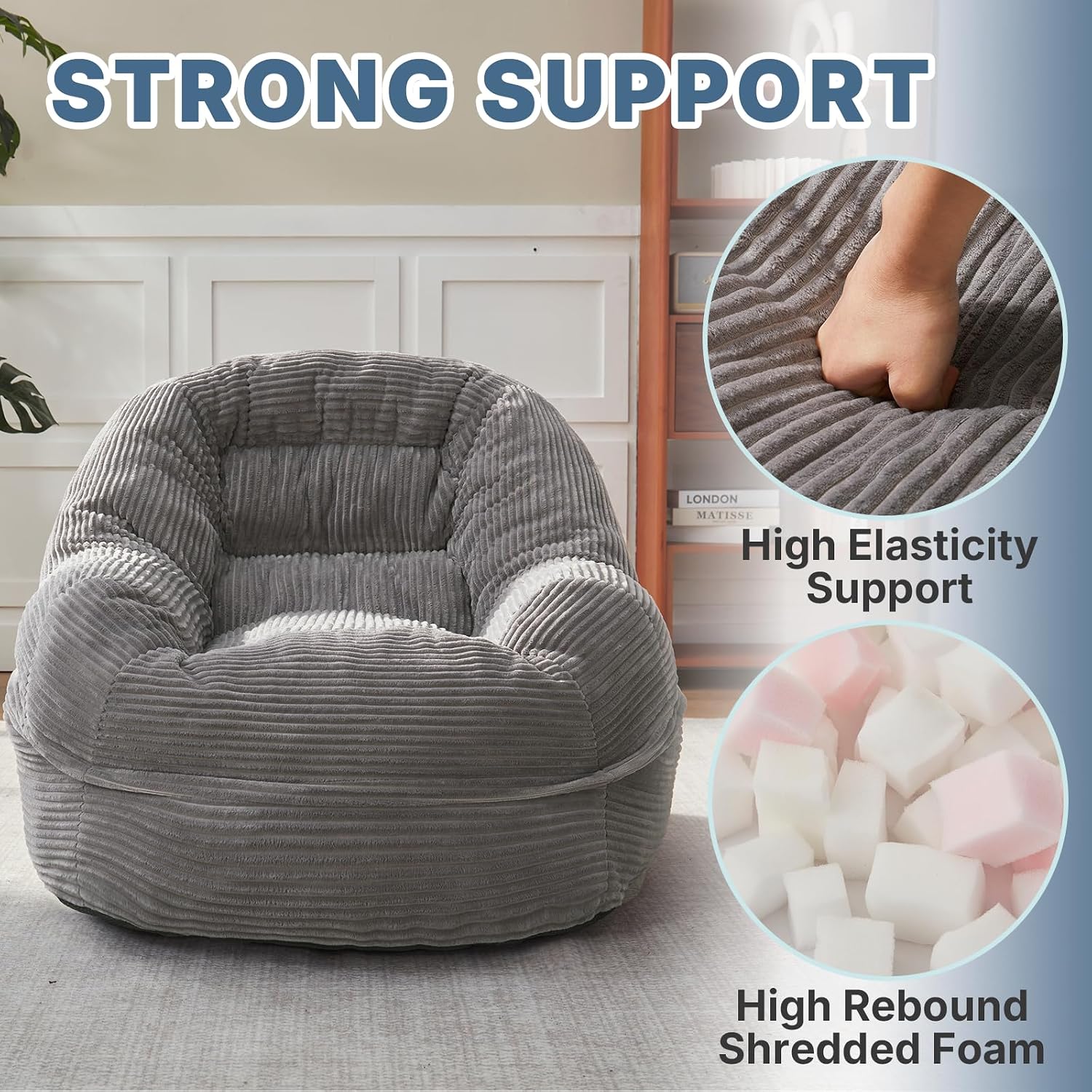 EBENCHICO Giant Bean Bag Chair for Adults and Teens, Corduroy Large Bean Bag Chairs with Armrests, Adult BeanBag Sofa Couch Chairs with Filler, Comfy Reading Chair Floor Sofa for Gaming, Napping