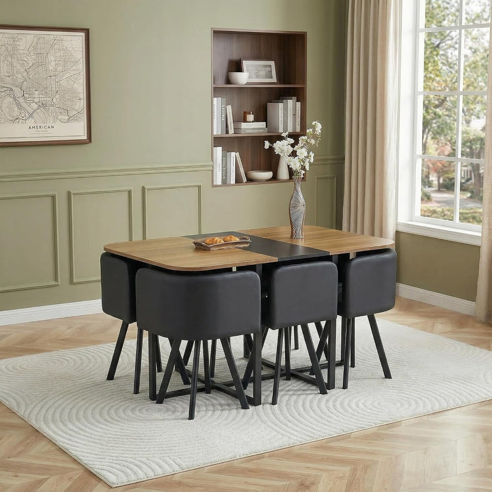 Dining Table Set for 6, 60" Faux Marble and Wood Kitchen Table with 6 PU...