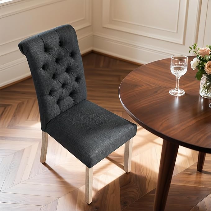 CHUN YI Dining Chairs Set of 8, Button Tufted Upholstered Fabric Dining Room Chairs with Solid Wood Legs and Curved Back, Parsons Side Chairs for Kitchen, Dark Grey