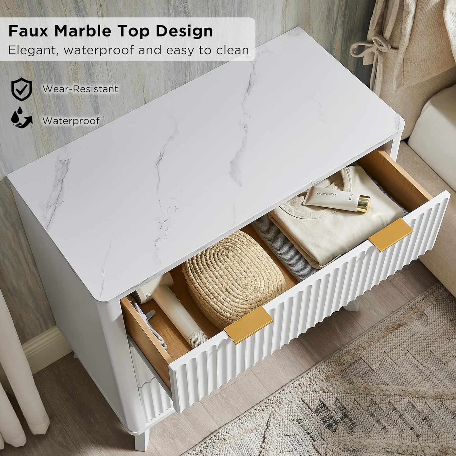T4TREAM Fluted 3 Drawers Nightstand, Oversized Extra Large Modern Side Table with Faux Marble Top, End Table Bedside for Bedroom, Living Room, Curved Profile Design, Solid White