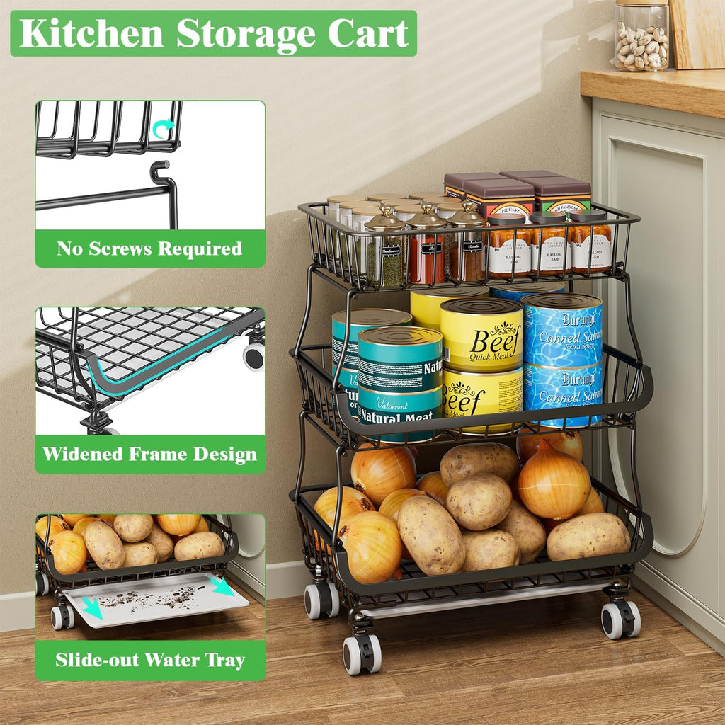 3 Tire Rolling Pantry Organizers and Storage Cart on Wheels | Metal Frame, Under Pantry Cabinet, Drip Tray, Storage for Snack, Potato, Onion, Produce, Can, Drink, Fruit and Vegetable