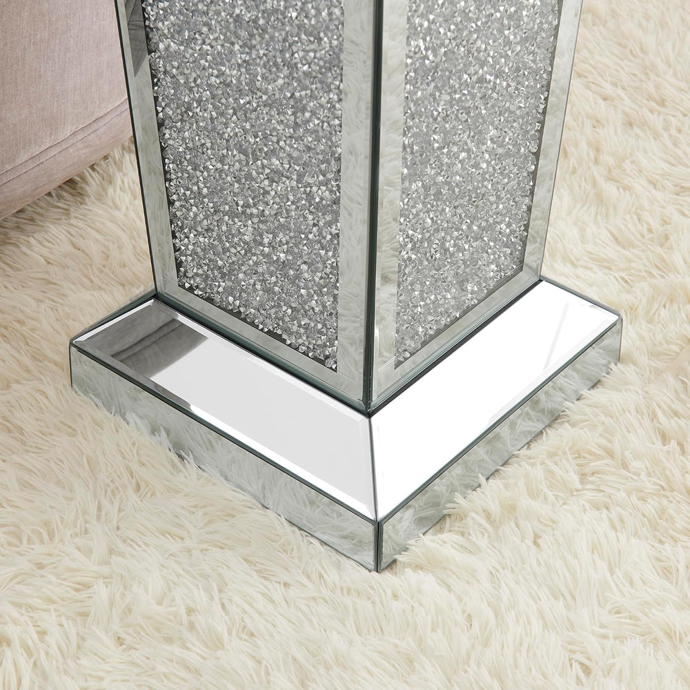 Silver Mirrored End Table with Crystal, Modern Side Accent Table, Square Smal...