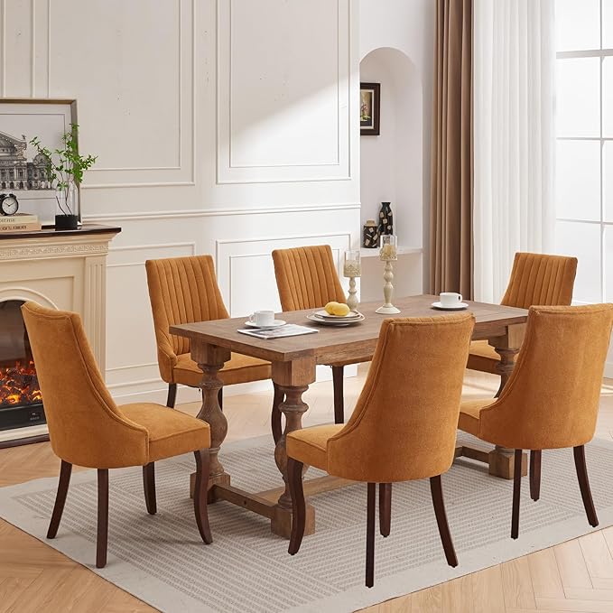 Dining Chairs Set of 6，Linen Channel Tufted Kitchen Dining Room Chair with Curved Solid Wood Legs, Comfortable Fabric Upholstered Dining Chair for Dining Room, (Gold, 6pc)
