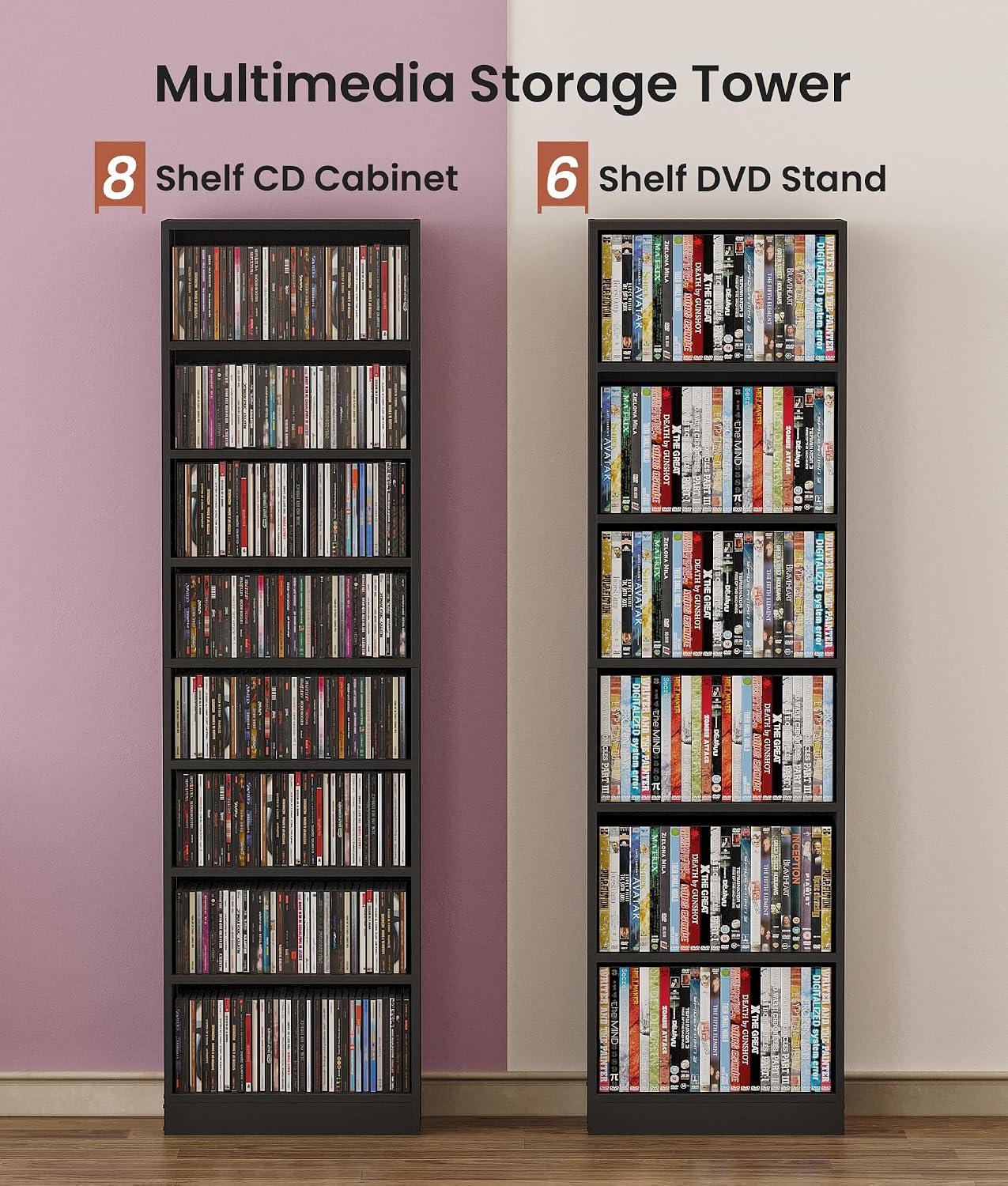 6 Tier DVD Storage Shelf, Media Shelf with Adjustable Shelves, Black | Media Organizer Shelf for DVDs, Video Games & Movies, Holds Up to 150+ DVDs