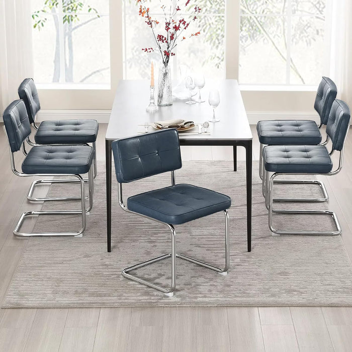 Zesthouse Faux Leather Dining Chairs Set of 4, Mid Century Modern Kitchen Chairs with Stainless Chrome Legs, Metal Cantilevered Chair for Kitchen & Dining Living Room, Armless Side Chair, Blue