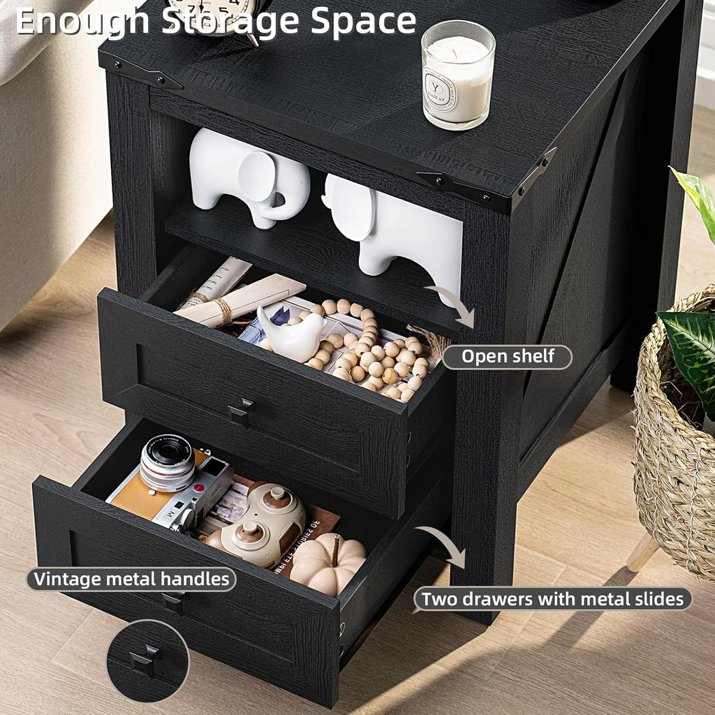 Joaxswe Nightstands Set of 2 with Charging Station and 2 Drawers, Farmhouse | Black Night Stand, Bed Side End Tables, Open Shelf Storage, Bedside Cabinet for Bedroom, Living Room, Closet, Office