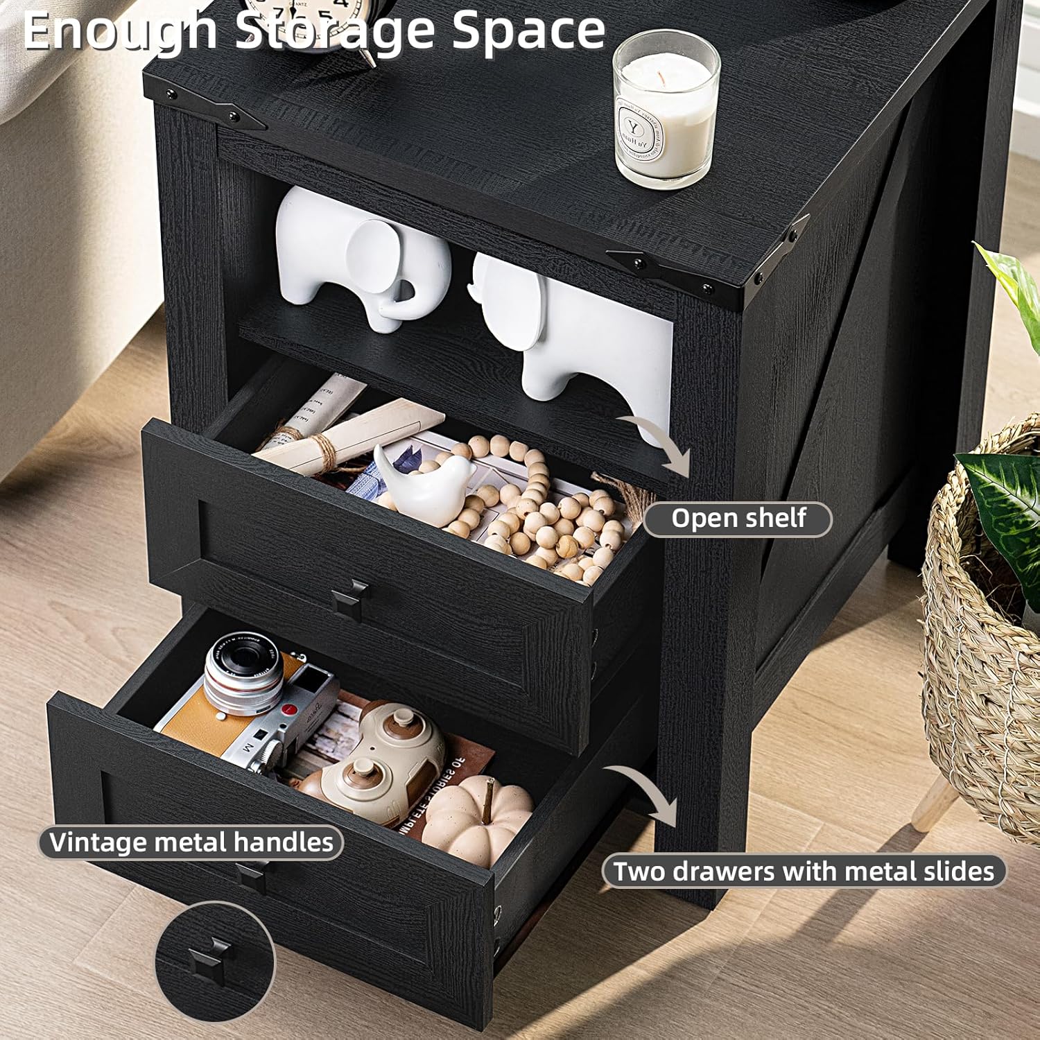 Joaxswe Nightstands Set of 2 with Charging Station and 2 Drawers, Farmhouse | Black Night Stand, Bed Side End Tables, Open Shelf Storage, Bedside Cabinet for Bedroom, Living Room, Closet, Office