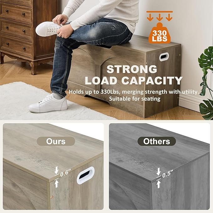 Storage Bench, 39.4" Storage Trunk, Storage Chest with U-Shaped Cut-Out Pull, Upgraded Safety Lift Support Hinge, Supports 330 lb, 39.4" x 15.7" x 18.3", Entryway Storage Bench, Greige